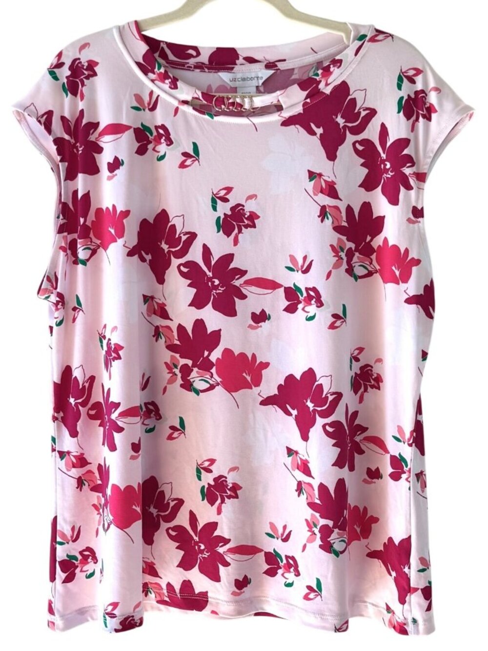 Liz Claiborne Womens PXXL Petite Blouse Pink Floral Gold Ring Neck Workwear